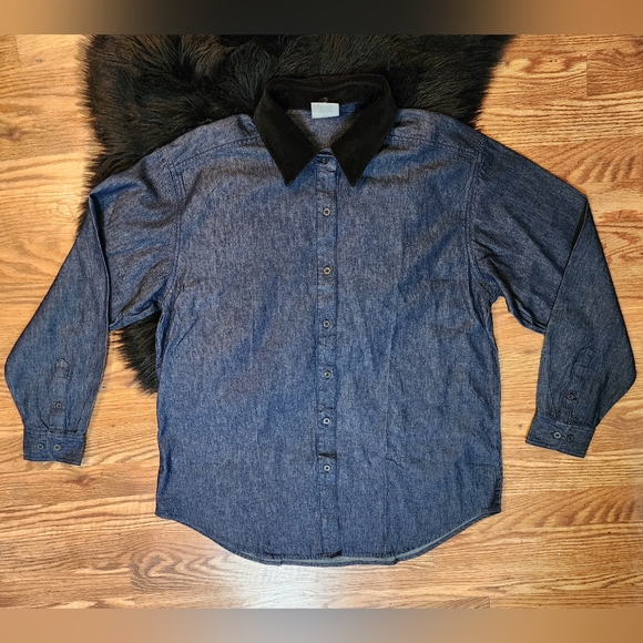 Denim Chambray Shirt with Reversible Removable Embroidered Velvet Collar Size L - Picture 5 of 12